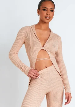 Airport Vibin'|Loungewear*Missy Empire Yuna Beige Ribbed Knitted Side Split Trouser