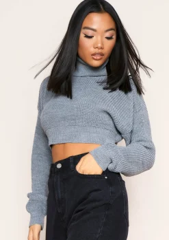Knitwear*Missy Empire Zaralena Knitted Roll Neck Cropped Jumper Grey