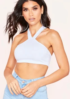 Tops*Missy Empire Zeta White Cross Strap Halterneck Crop Top