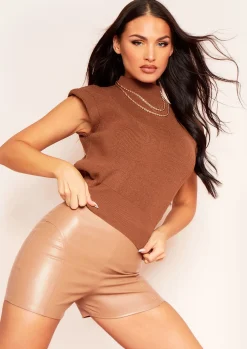 Tops*Missy Empire Zoe Camel Knitted Ribbed Crop Top