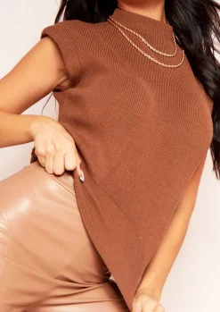 Tops*Missy Empire Zoe Camel Knitted Ribbed Crop Top