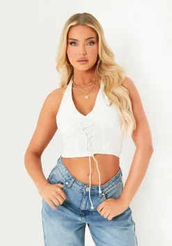 Tops*Missy Empire Zoey White Lace Up Detail Halter Top